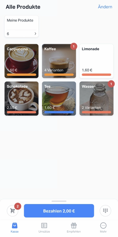 SumUp App Produkt-Menu