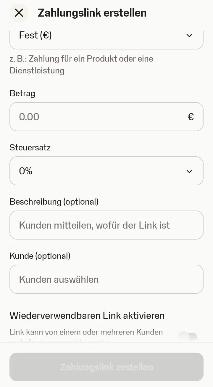 Test zur Erstellung eines Zahlungslinks in der SumUp-App.