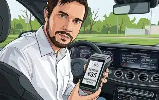 Zeichnung eines Taxifahrers in seinem Fahrzeug, der ein Zahlungsterminal vorzeigt