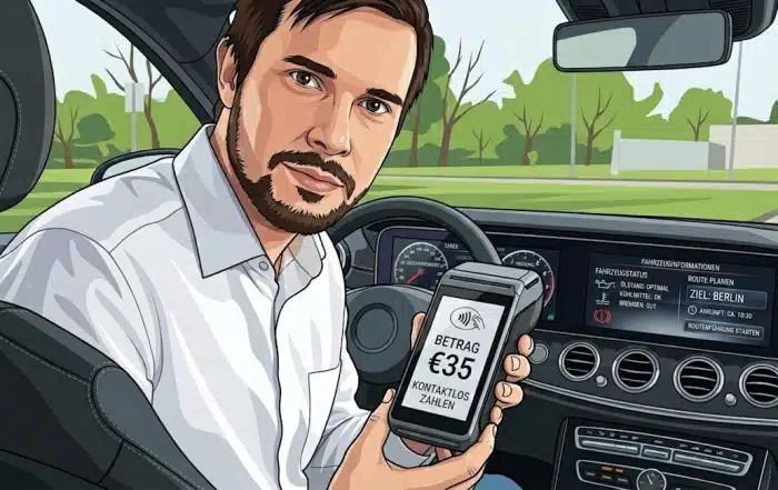 Zeichnung eines Taxifahrers in seinem Fahrzeug, der ein Zahlungsterminal vorzeigt