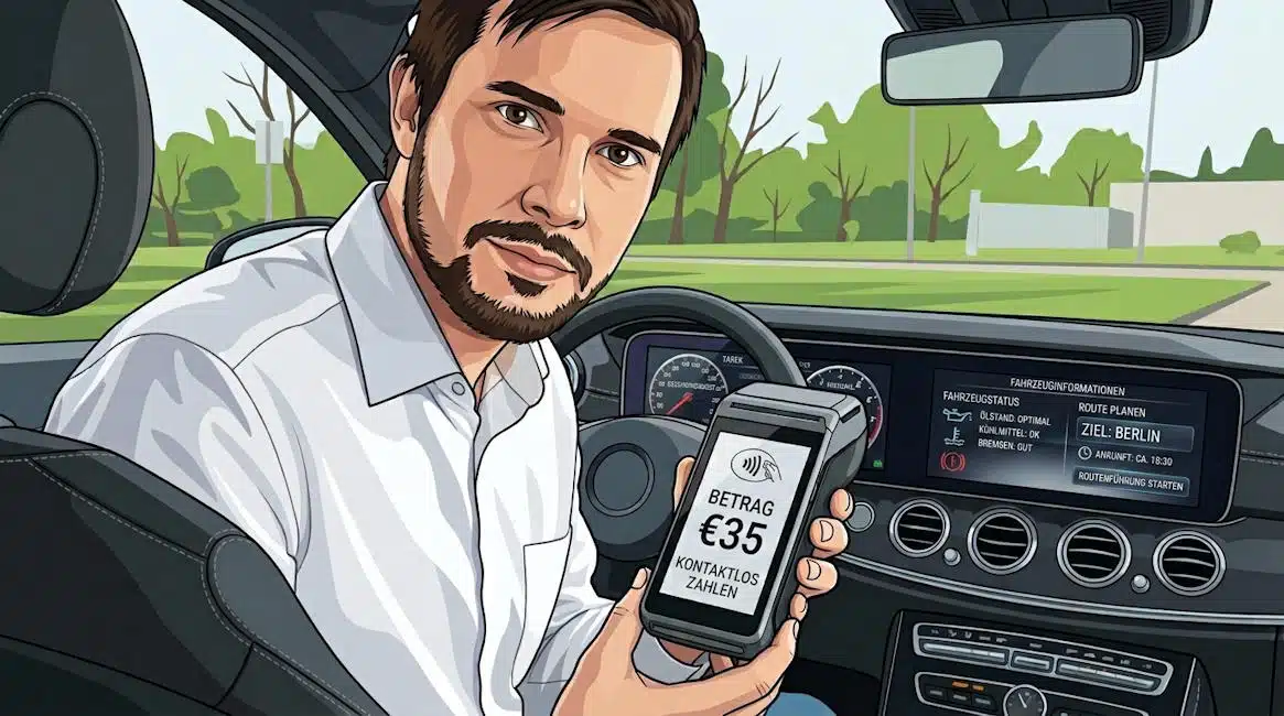 Zeichnung eines Taxifahrers in seinem Fahrzeug, der ein Zahlungsterminal vorzeigt
