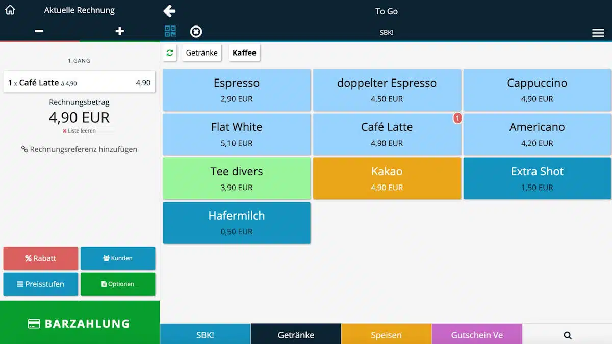 Hinzufügen eines Getränks zur Rechnung in der ready2order-App