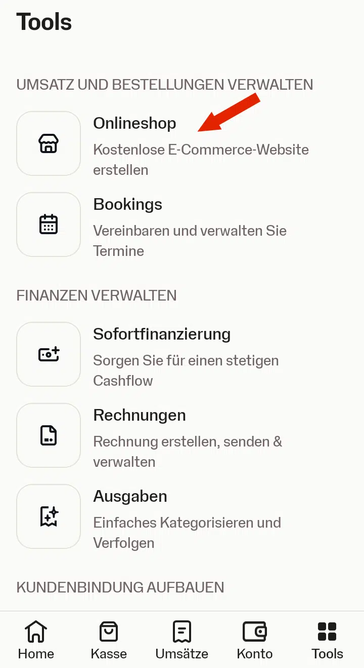 Menü „Tools“ der SumUp-App Screenshot des Menüs „Tools“ in der SumUp-App mit dem Link zum SumUp Onlineshop