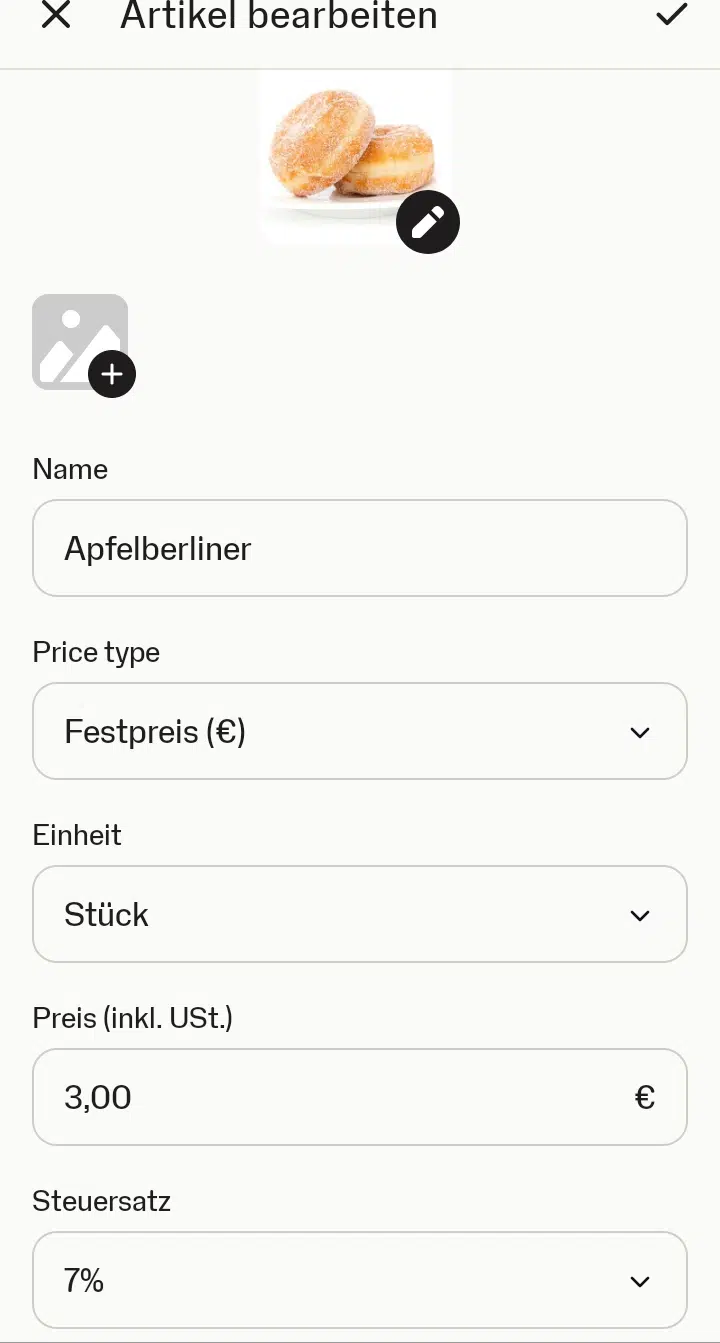 Bearbeitung eines Artikels in der SumUp-App Screenshot eines Artikels in der SumUp-App für unseren Onlineshop-Test.