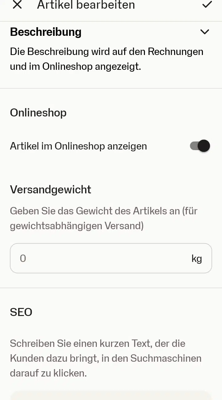Artikelbearbeitung, letzter Schritt Screenshot des dritten Schritts bei der Bearbeitung von Artikeln in der SumUp-App