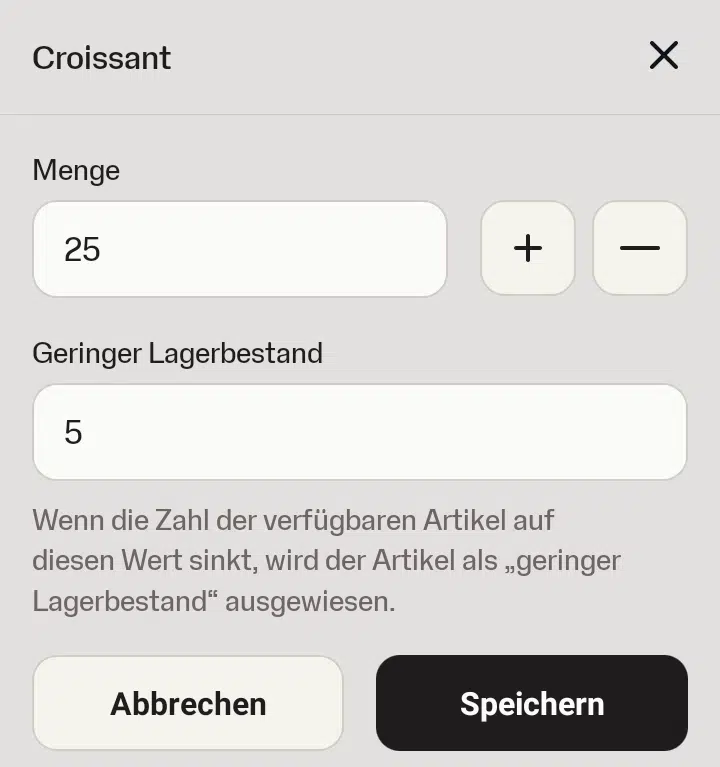 Screenshot der Bestandsverwaltung eines Artikels in der SumUp-App Screenshot der Bestandsverwaltung eines Artikels in der SumUp-App