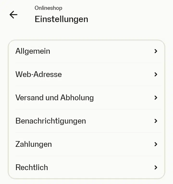 Einstellungen des SumUp Onlineshops Screenshot des Einstellungsmenüs für den SumUp Onlineshop