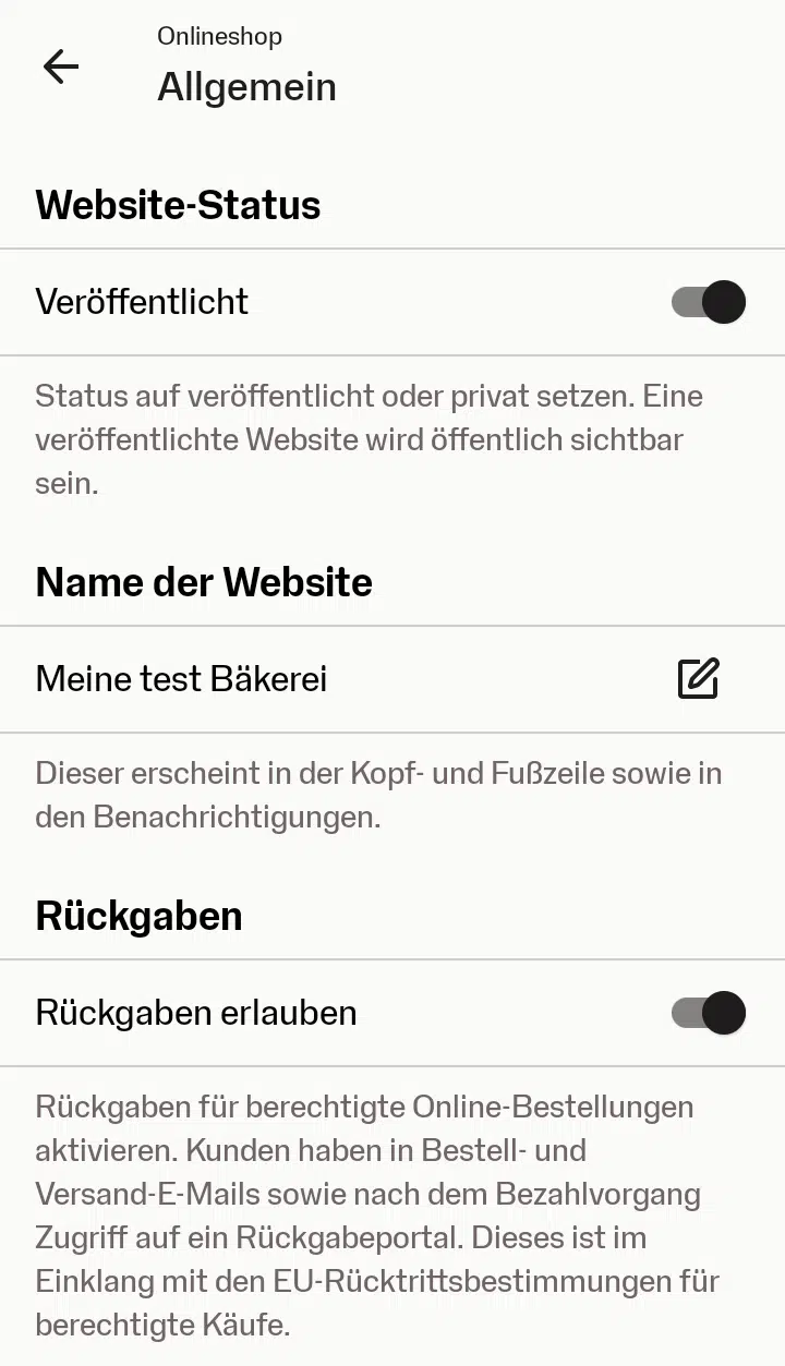 Allgemeine Einstellungen des SumUp-Onlineshops ( Screenshot der allgemeinen Einstellungen des SumUp-Onlineshops.