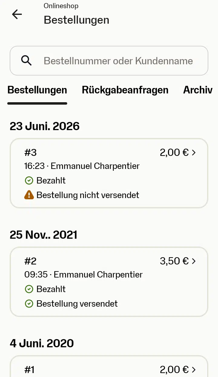 Bestellmenü im Onlineshop Screenshot des Bestellmenüs im Onlineshop