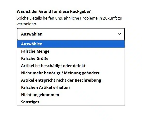 Auswahl des Rückgrundes nach einer Bestellung im Onlineshop Auswahl des Rückgrundes nach einer Bestellung im Onlineshop