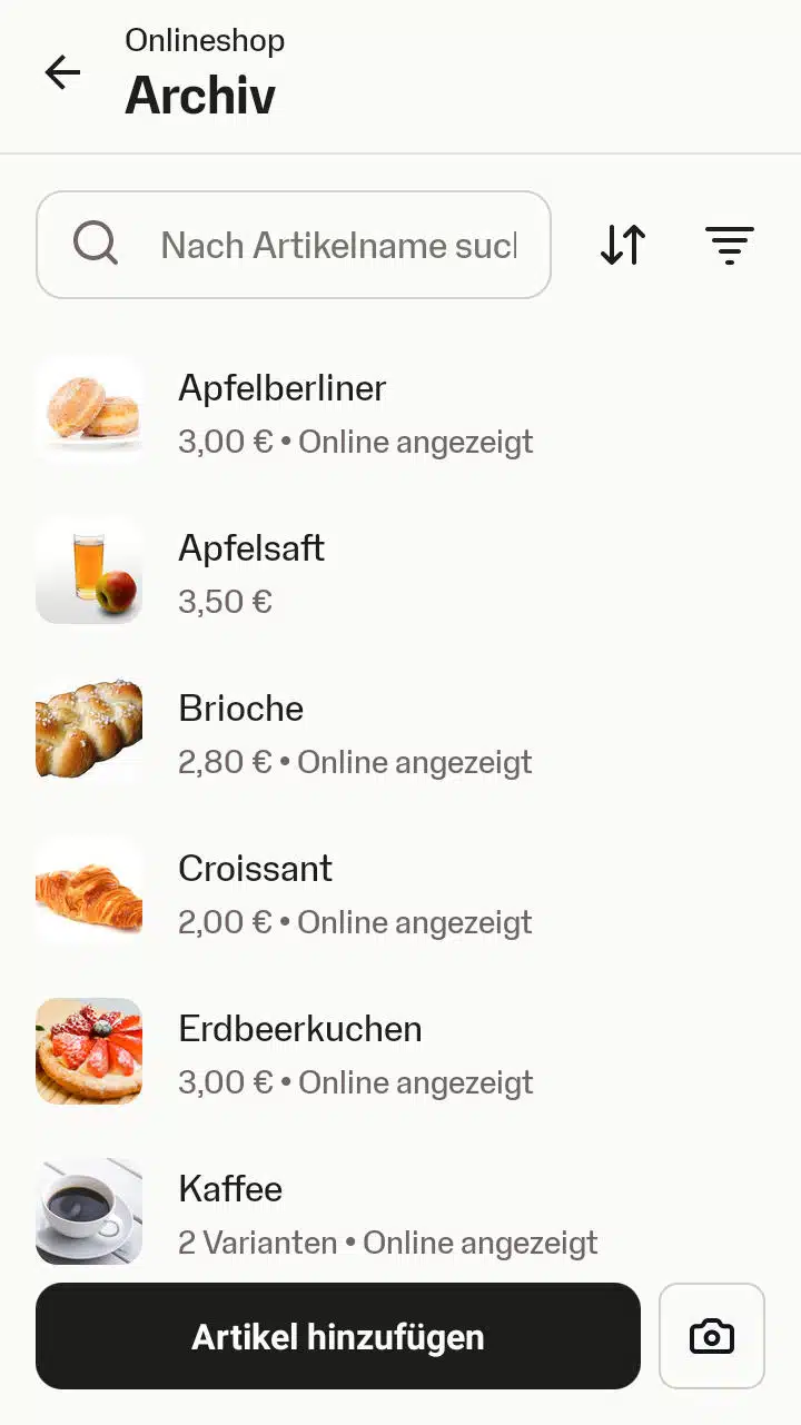 Artikelarchiv des SumUp-Onlineshops Screenshot des Artikelarchivs des SumUp-Onlineshops.
