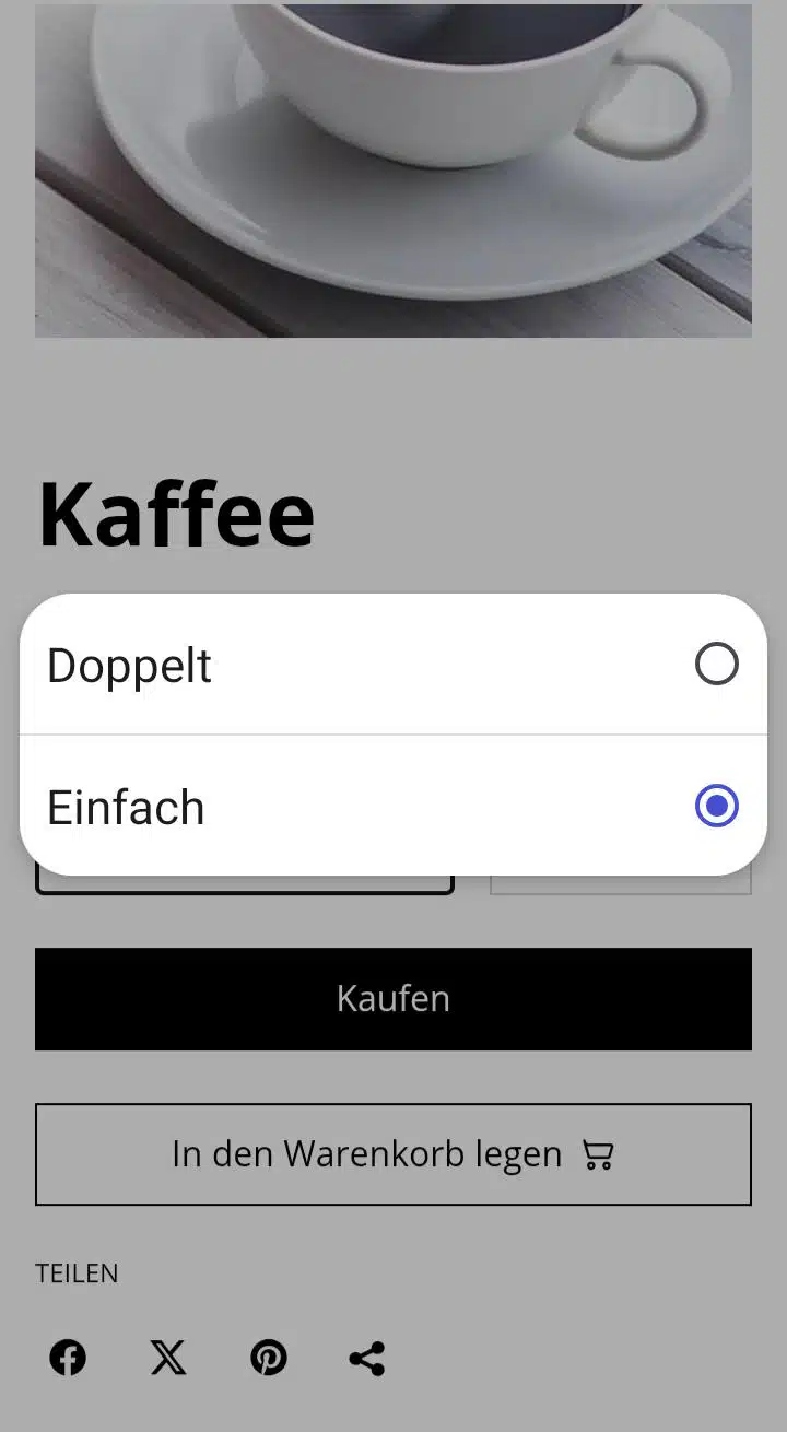 SumUp-Onlineshop: Auswahl der Artikelvariante beim Kauf SumUp-Onlineshop: Auswahl der Artikelvariante beim Kauf