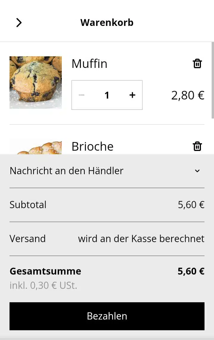 Testbeispiel eines Warenkorbs im Onlineshop Screenshot eines Warenkorbs im SumUp Onlineshop